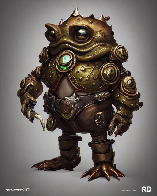 Prompt: a slimy anthropomorphic toad king wearing ornate steampunk armor, smooth, intricate, elegant, digital painting, artstation, steam, grungy steel, concept art, sharp focus, octane render, illustration, art by riot studios, overwatch character,