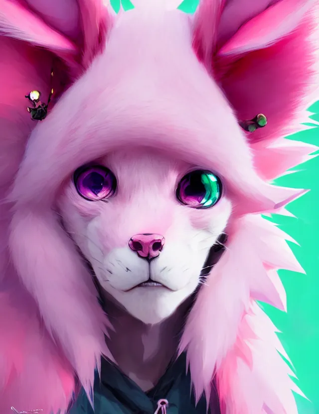Image similar to a beautiful headshot portrait of a cute anime male with pink hair and pink wolf ears wearing a hoodie. piercings. green eyes. character design by cory loftis, fenghua zhong, ryohei hase, ismail inceoglu and ruan jia. artstation, volumetric light, detailed, photorealistic, fantasy, rendered in octane