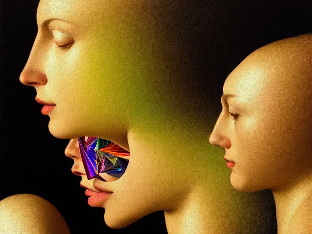 Image similar to hyperrealistic still life portraita womans face in profile, beautiful plants, sacred geometry, light refracting through prisms in a tesseract, sacred geometry, light refracting through prisms in a tesseract, by caravaggio, botanical print, surrealism, vivid colors, serene, golden ratio, rule of thirds, negative space, minimalist composition