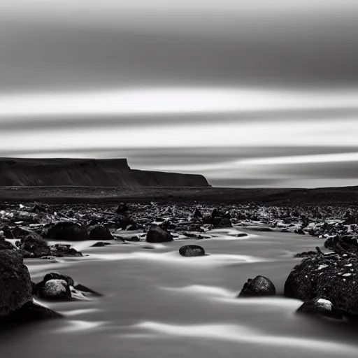 Image similar to minimalist black and white photograph of an icelandic valley, time exposure, of a river, sharp tall pillars, sharp rocks,