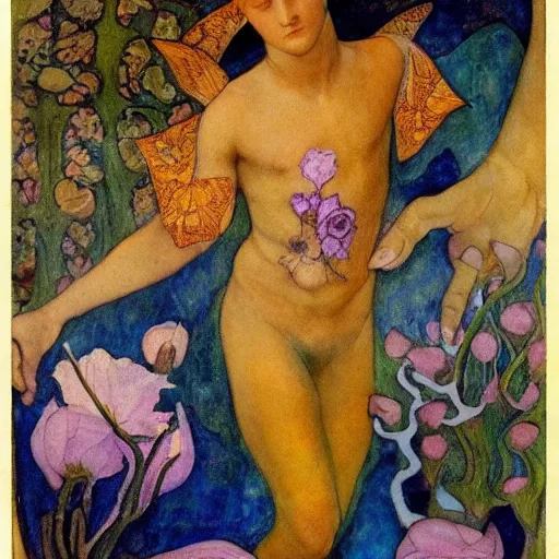 Image similar to the flower prince, by Annie Swynnerton!!!! and Nicholas Roerich! and (Edmund Dulac) and ((((Diego Rivera)))), bioluminescent skin, floral tattoos, elaborate costume, geometric ornament, symbolist, rich colors, dramatic lighting, smooth, sharp focus, extremely detailed