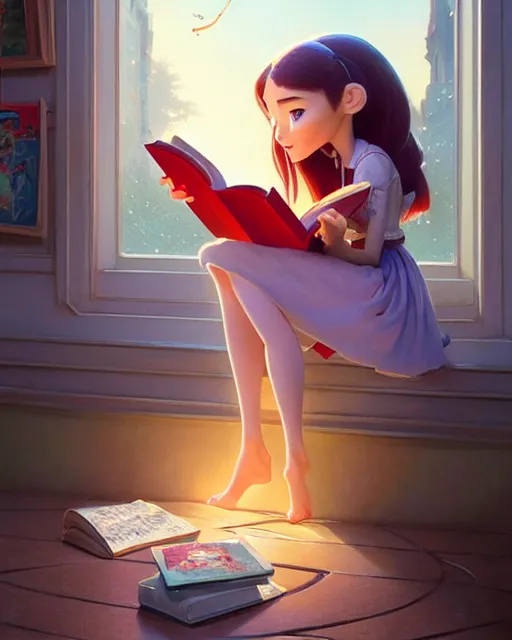 Image similar to highly detailed portrait of beautiful girl reading a book in toy story 3, dynamic pose, stephen bliss, unreal engine, fantasy art by greg rutkowski, loish, rhads, ferdinand knab, makoto shinkai and lois van baarle, ilya kuvshinov, rossdraws, tom bagshaw, global illumination, radiant light, detailed and intricate environment