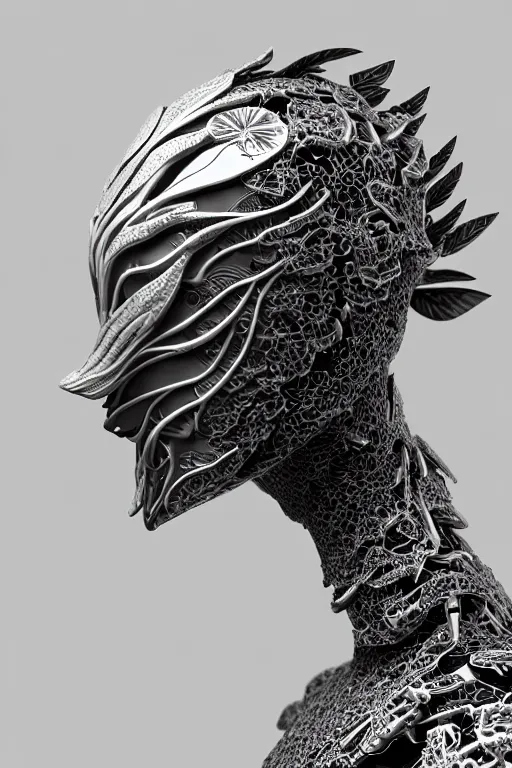 Image similar to monochrome close - up profile face, black background, beautiful young porcelain bio - mechanical vegetal - dragon - cyborg - female, white metallic armour, silver gold details, magnolia leaves and stems, roots, mandelbot fractal, 1 5 0 mm, beautiful natural soft rim light, elegant, hyper real, ultra detailed, octane render, 1 6 k