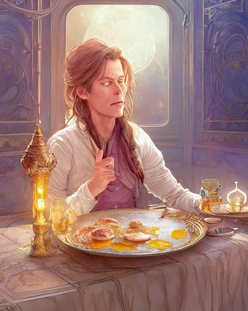 Image similar to kevin bacon eating fried eggs, highly detailed, gold filigree, romantic storybook fantasy, soft cinematic lighting, award, disney concept art watercolor illustration by mandy jurgens and alphonse mucha and alena aenami, pastel color palette, featured on artstation