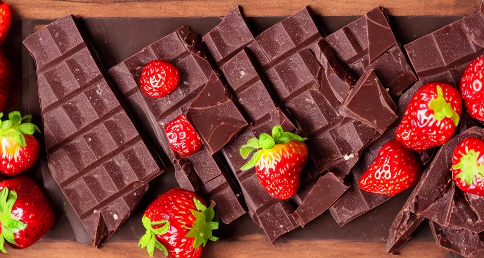 Image similar to A gourmet dark chocolate bar, next to sliced strawberries, on a wooden tray, macro lens product photo