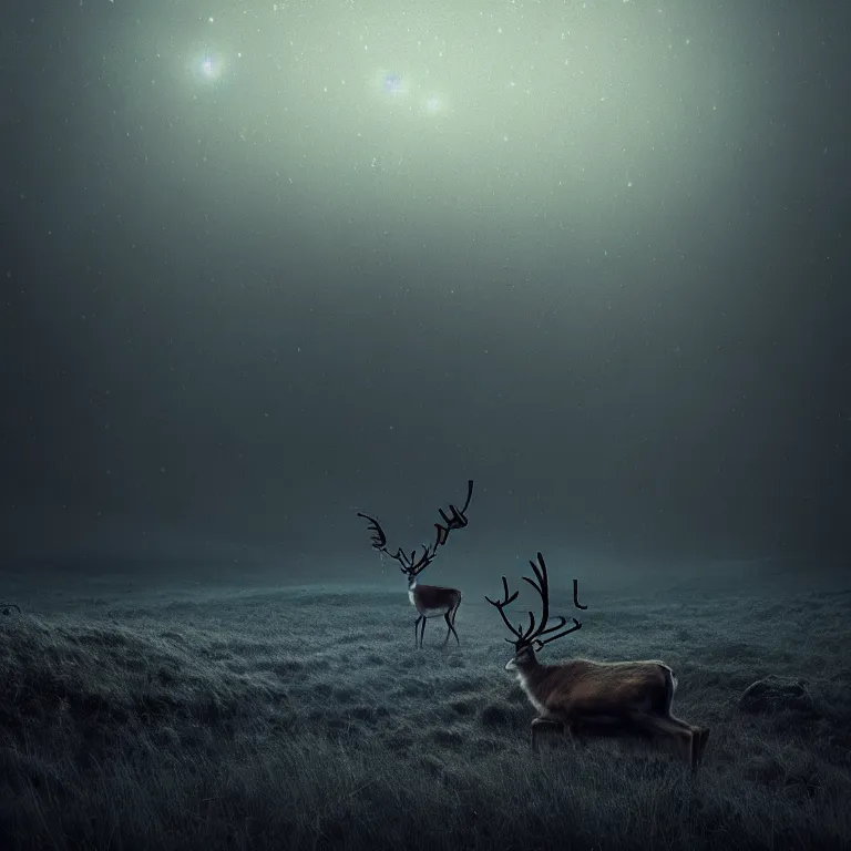 Image similar to reindeer alone at night, soft grainy bloom lucid dream - like atmosphere, harsh flash photo at night, baroque painting, perfect composition, detailed octane render trending on artstation, 8 k artistic photography, volumetric cinematic perfect light, chiaroscuro, masterpiece, raphael, caravaggio, beksinski, rutkowski, beeple