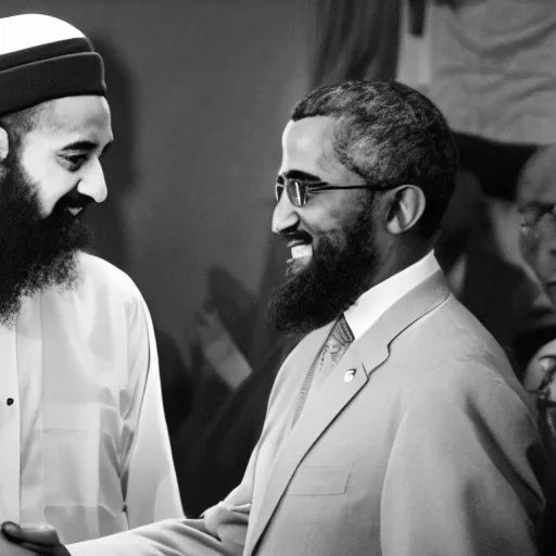 Image similar to obama shaking hand of osama bin laden, ultra realistic, canon 3 5 mm photography