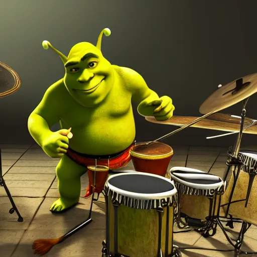 Prompt: Shrek playing the drums, render animation, 4k