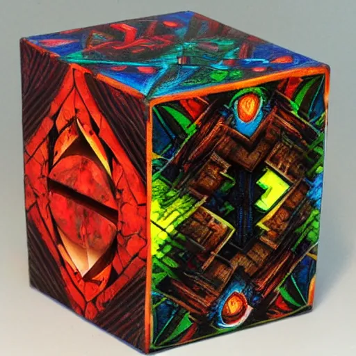 Prompt: fantasy cube in the style of Sylvia Molloy, English/South African artist and teacher, wide angle
