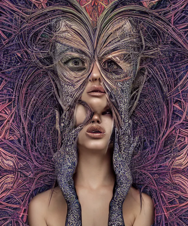 Prompt: A epic photo illustration of beautiful woman symmetrical portrait by Michael Sydney Moore, Alex Grey, hyper detailed, 50mm, award winning photography