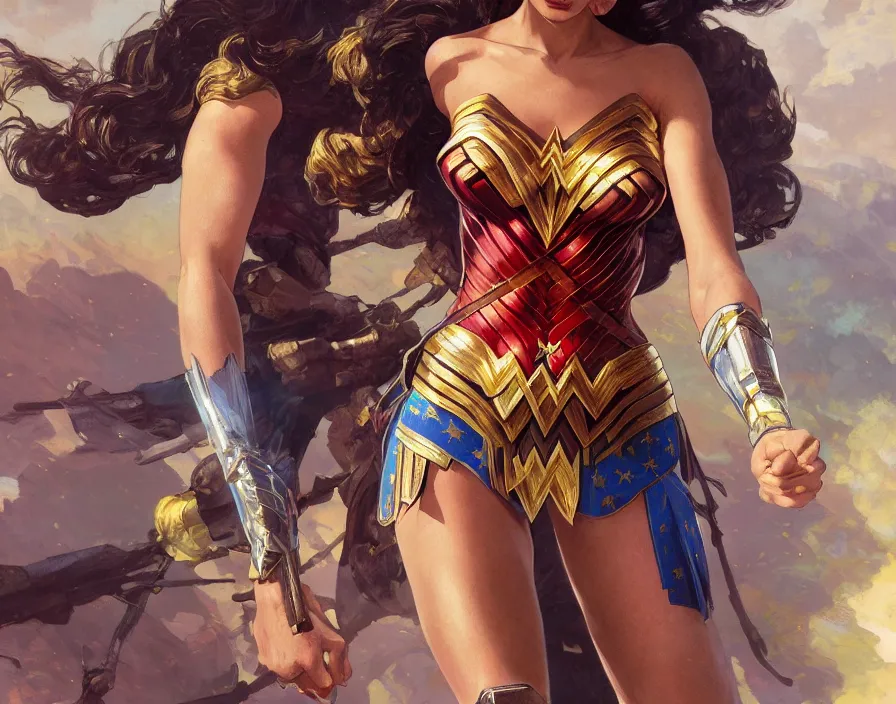 Image similar to portrait of Josie Canseco as wonder woman tv show by Stanley Artgerm Lau , greg rutkowski, thomas kindkade, alphonse mucha, loish, norman rockwell. Trending on artstation rule of thirds detailed illustration hd 4k