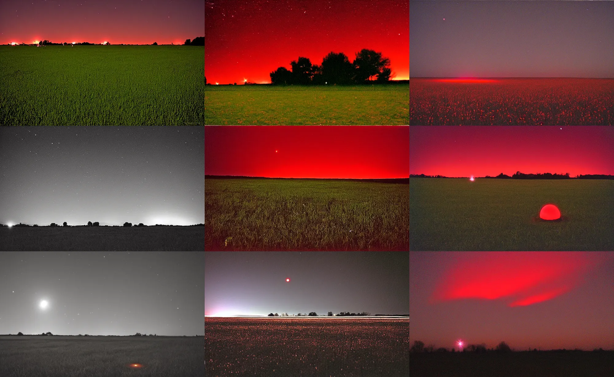Prompt: a giant red glowing spot is visible in the sky, night, field, 2003 photo taken from phone