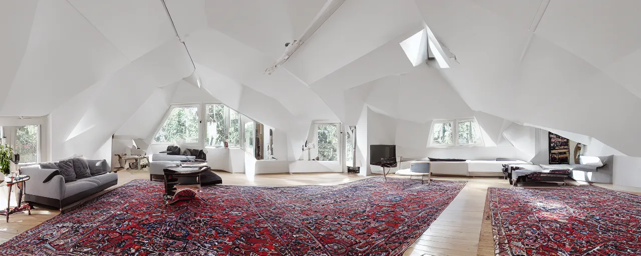 Prompt: 1.7 metre low attic, with matte white angled ceiling, with 2 windows opposing each other, with a large square window in the back right corner of the room, with exquisite turkish and persian rugs on the polished plywood floor, XF IQ4, 150MP, 50mm, F1.4, ISO 200, 1/160s, natural light