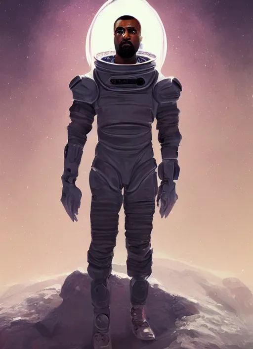 Image similar to painted full body portrait of kanye west as a magicpunk futuristic medieval astronaut by greg rutkowski, he is about 3 0 years old, short blond hair, athletic and strong, straight jaw, wearing futuristic space gear, highly detailed portrait, digital painting, artstation, concept art, smooth, sharp foccus ilustration, artstation hq.