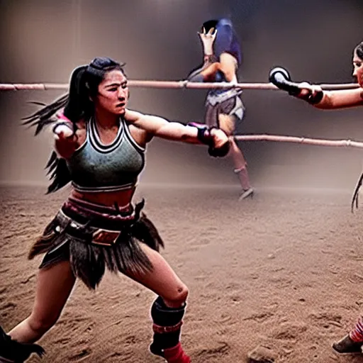 Image similar to athletic female amazon warriors fighting in the arena, cinematic, highly detailed, action movie