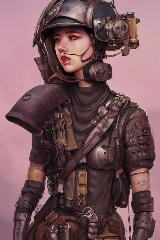 Prompt: portrait of dieselpunk blackpink jisoo soldier girl, helmet, desert, armored, highly detailed, digital painting, face detail, sharp focus, art, illustrations by loish and rossdraws and ayanamikodon and wlop and irakli nadar