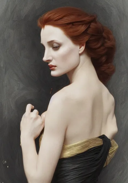 Prompt: sansa angeline jolie gessica chastain in black, intricate, elegant, highly detailed, digital painting, artstation, concept art, smooth, sharp focus, illustration, art by artgerm and greg rutkowski and alphonse mucha and william - adolphe bouguereau