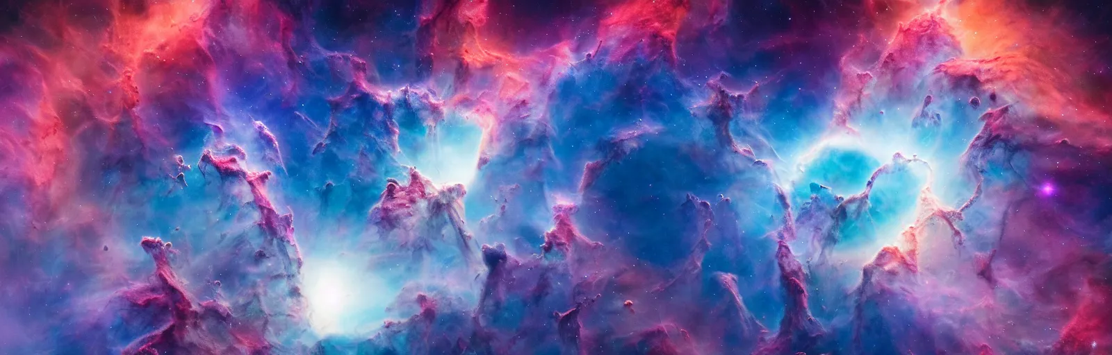Prompt: view from inside a beautiful dreamy chaotic volumetric space nebula scene, Pillars of Creation, epic cosmic starfield scene, epic volumetric lighting and shadows, cinematic, still from the movie Passengers, 4K, UHD, HDR