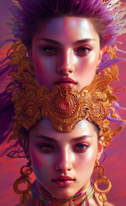 Prompt: hyper detailed ultra sharp of a beautiful warrior girl. trending on artstation, vaporwave aesthetic, synthwave, colorful, psychedelic, ornate, intricate, digital painting, concept art, smooth, sharp focus, illustration, art by artgerm and greg rutkowski and alphonse mucha, 8 k