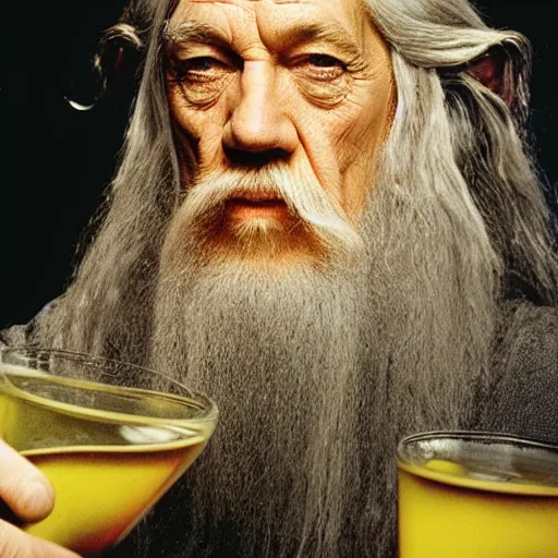 Prompt: photo portrait of gandalf drinking a beer, by annie leibovitz, sharp focus