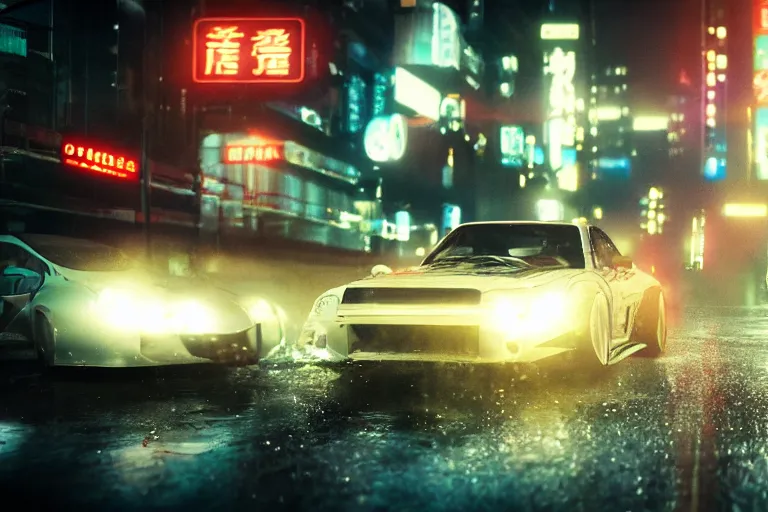 prompthunt: tokyo drift fast and furious film still, racing on wet city  street at night, hyper detailed, forza, smooth, need for speed, high  contrast, volumetric lighting, synthwave, octane, george miller, jim lee