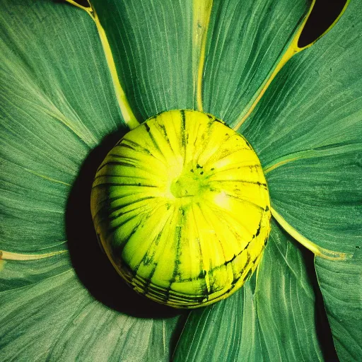 Prompt: completely yellow mellon on a lush green medow. portrait, 3 5 mm