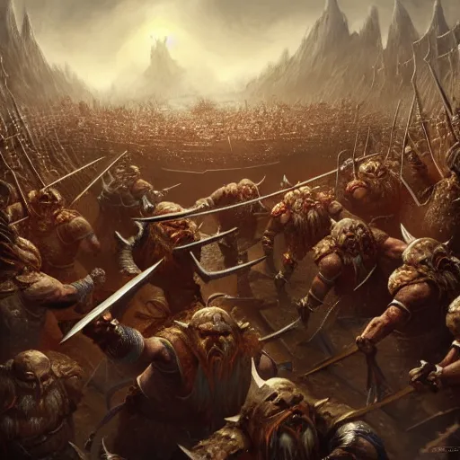 Image similar to painting of a single dwarven berserker facing a crew of crazy goblin warriors in deadly combat on a gladiator pit, sharp focus, high symmetry, award - winning, trending on artstation, masterpiece, highly detailed, intricate. art by seb mckinnon