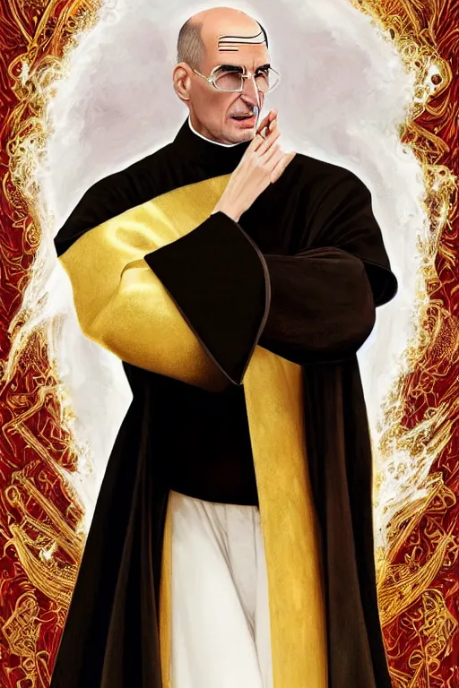 Prompt: bald pale sorcerer, stately and dour expression, high black turtleneck, opulent white golden red robe, white leather gloves with gold decoration, sharp focus, benedict xvi, steve jobs, illustration, digital painting, art by magali villeneuve