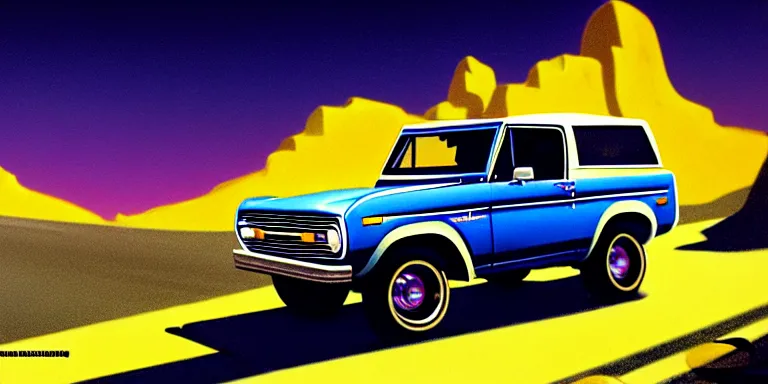 Prompt: a cinematic keyframe matte painting of a sleek 1 9 7 0 s vaporwave concept vehicle retro - futurism sci - fi skey blue ford bronco car in an open garage in the colorado, view from the street. in the moonlight. rocky mountains. by eric lafforgue, glennray tutor and edward hopper, greg rutkowski. trending on artstation.