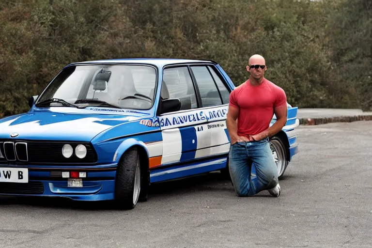 Image similar to Angry Jason Statham lifts BMW e30 that sits above him