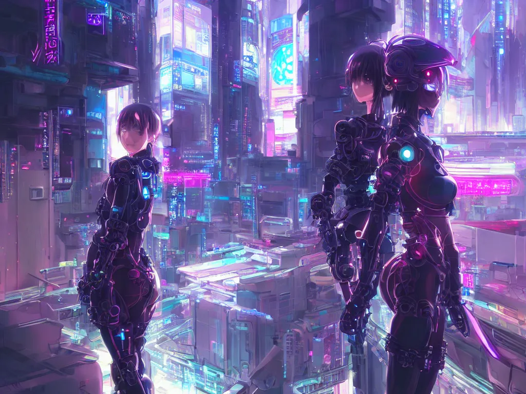 Image similar to anime visual of futuristic cyber warrior girl, in future cyberpunk neon light reflected tokyo rooftop, ssci - fi and fantasy, intricate and very beautiful and elegant, highly detailed, digital painting, artstation, concept art and smooth and sharp focus, illustration, art by huaixuan xiang and tian zi and alphonse mucha and wlop