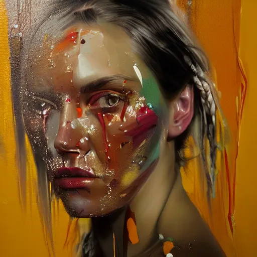 Image similar to portrait of a woman, paint spit on canvas, by alexa meade and lee ellis, highly detailed, sharp, in focus, matte painting, mixed media