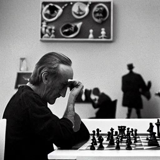 Image similar to a filmstill of Marcel Duchamp playing chess, reuters by Trent Parke