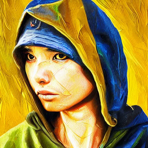 Prompt: hooded ninja, oil painting, portrait, intricate complexity, rule of thirds, character concept, dramatic lighting, complementary colors