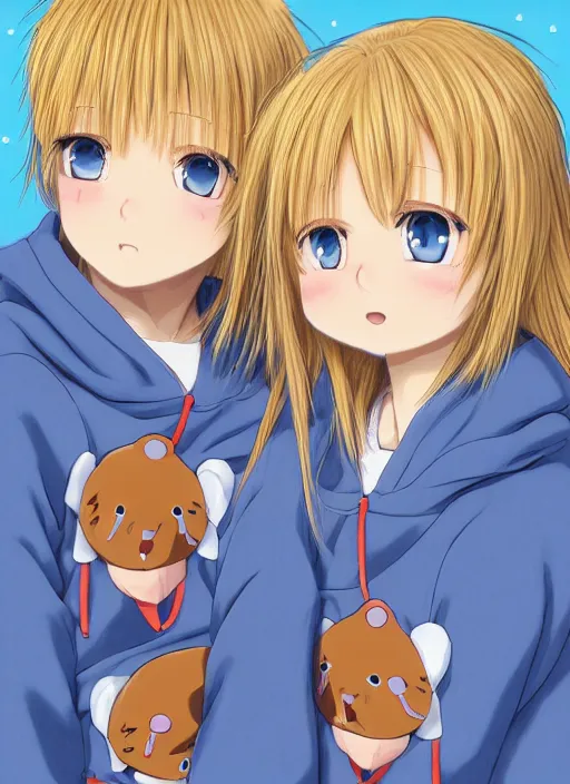 Prompt: highly detailed portrait of one blonde haired blue eyed and one brown haired brown eyed anime girl in animal themed onesies holding hands looking at us, happy, excited, digital art, cute, anime, detailed faces, well drawn faces, cute faces, hand drawn, 8 k, trending on artstation, detailed eyes, official media, by hayao miyazaki