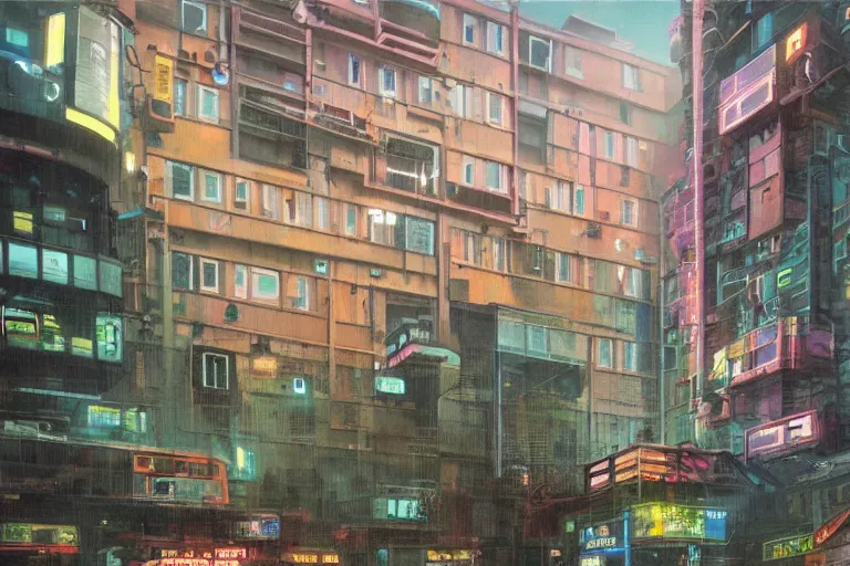 Prompt: cyberpunk, an estate agent listing photo, external view of a 1 bed flat in London, by Paul Lehr