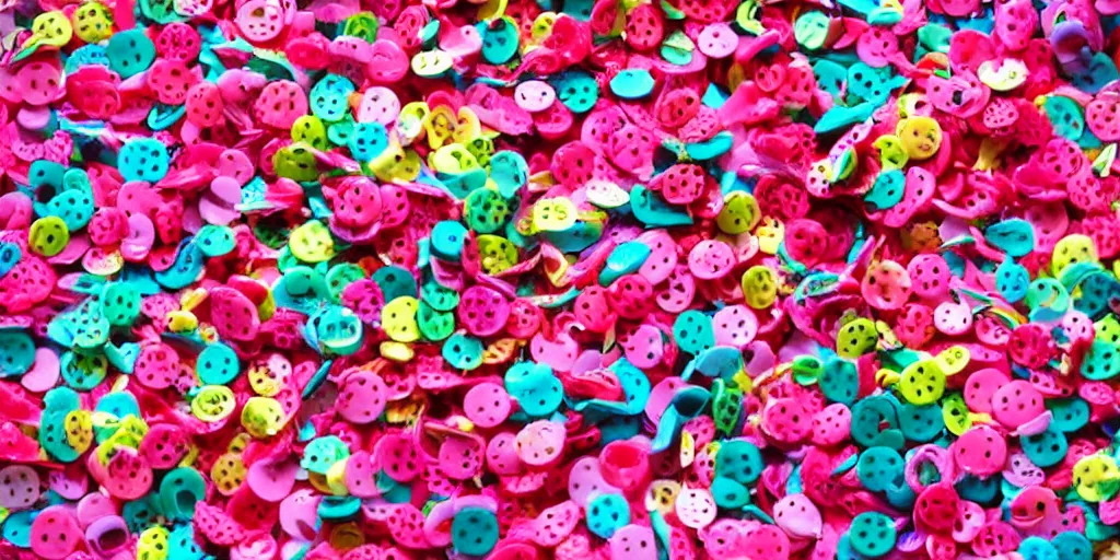 Prompt: hundreds of colorful pins stuck in a piece of pink strawberry cake