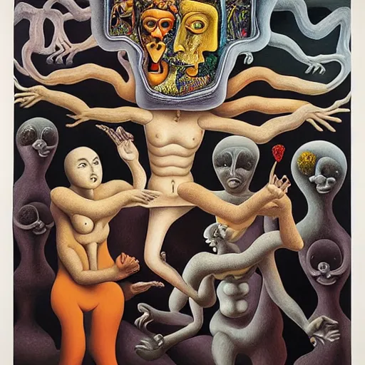 Image similar to the three fates, pain, pleasure, suffering, adventure, love, life, afterlife, abstract oil painting, gouche on paper by MC Escher and Salvador Dali and raqib shaw,-W 1024