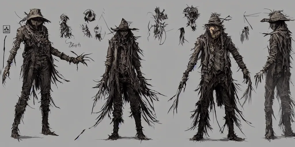 Image similar to the scarecrow, character sheet, concept design, contrast, kim jung gi, greg rutkowski, zabrocki, karlkka, jayison devadas, trending on artstation, 8 k, ultra wide angle, pincushion lens effect