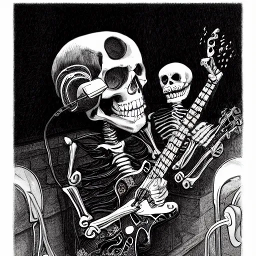 Image similar to skeleton wearing headphones, watching girl playing guitar while her black cat standing next to her, detailed intricate ink illustration, dark atmosphere, detailed illustration, hd, 4k, digital art, overdetailed art, by greg rutkowski, by loish, complementing colors, Trending on artstation