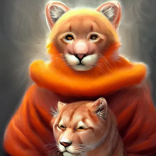 Image similar to aesthetic portrait commission of a albino male furry anthro mountain lion wearing a cute orange colored cozy soft pastel winter outfit, detailed face , hyperdetailed, autumn atmosphere. Character design by charlie bowater, ross tran, artgerm, and makoto shinkai, detailed, inked, western comic book art, 2021 award winning painting