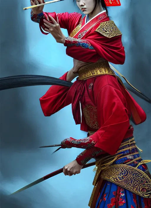 Image similar to ultra realistic illustration of a wrathful samurai warrior woman dressed in red holding a lotus flower, killing street thugs dressed in blue garb, cinematic scene, intricate, elegant, highly detailed, lotus flower, digital painting, artstation, concept art, smooth, sharp focus, illustration, art by artgerm and greg rutkowski and alphonse mucha and wlop