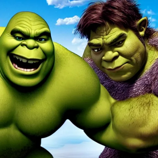 Prompt: shrek fighting the incredible hulk