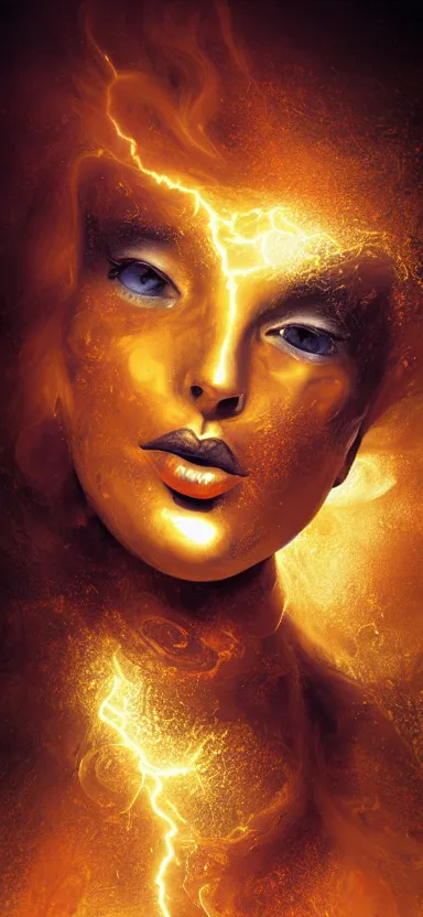 Image similar to epicillustration, abstract sculpture of beautiful female face and black swirling liquifying acrylic portrait, fluffy clouds, golden hour, beautiful light, 3 d sculpture of carving marble, dark colors, dark mood, one point lightning, golden spirals, epic matte painting, concept art, digital painting