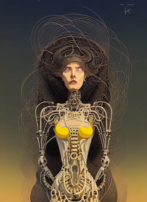 Image similar to highly detailed portrait of a biomechanical long curly white hair tribal lady, stray wiring by atey ghailan, james gilleard, by joe fenton, by greg rutkowski, by greg tocchini, by kaethe butcher, 4 k resolution, gradient yellow, black and white color scheme!!! ( ( robotic honeycomb sandy desert brick pyramid background ) )