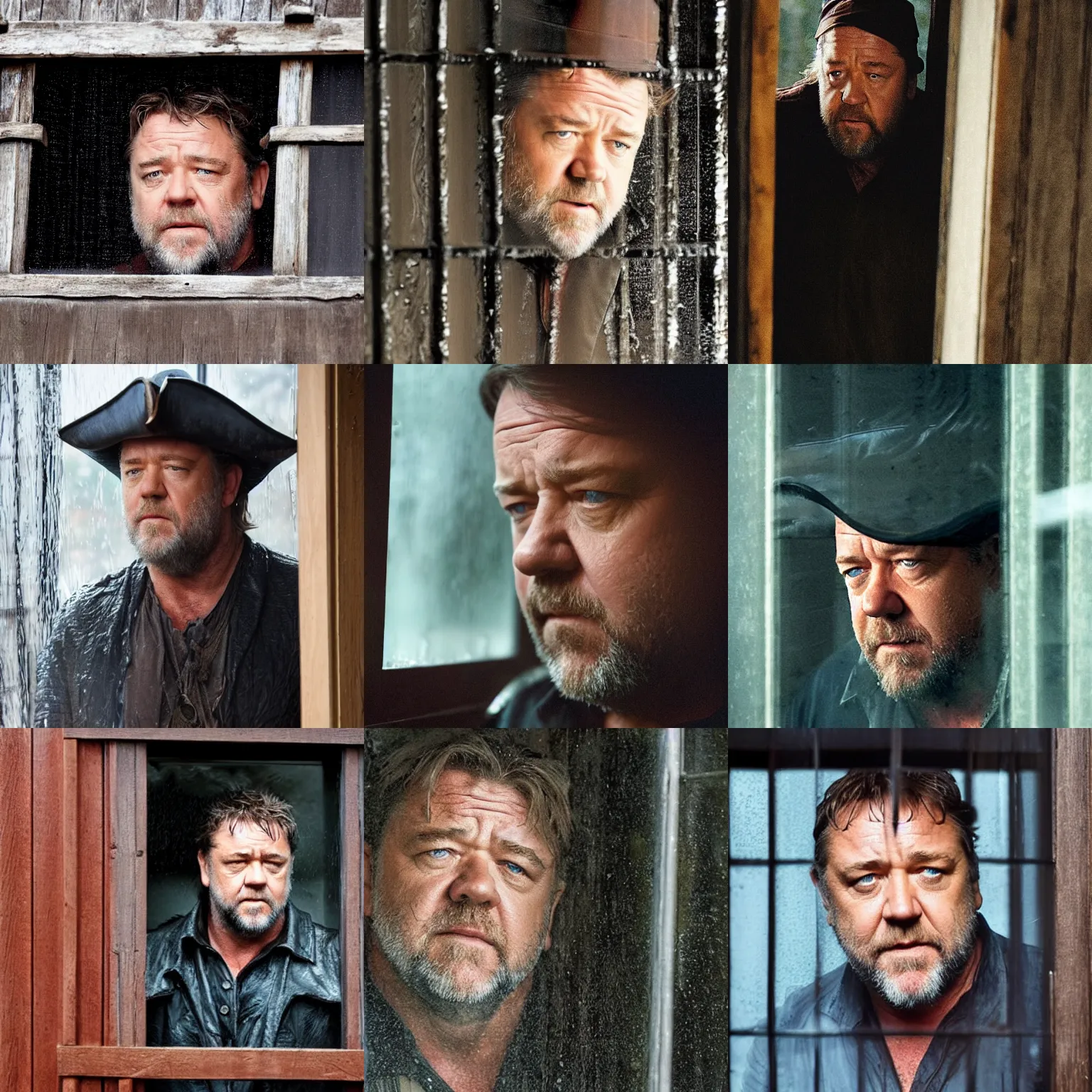 Prompt: a small window showing concerned russell crowe wearing a big pirate hat standing behind a rainy dirty window and wooden wall peering out towards the camera