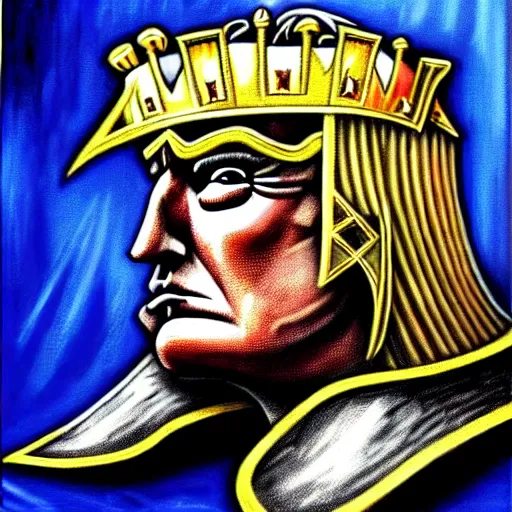 Image similar to knights armor, donald trump, crown!!!!!!, donald trump's face, detailed face, painting of a knight, boots!!!!!!, medieval castle background, valiant, by hans thoma