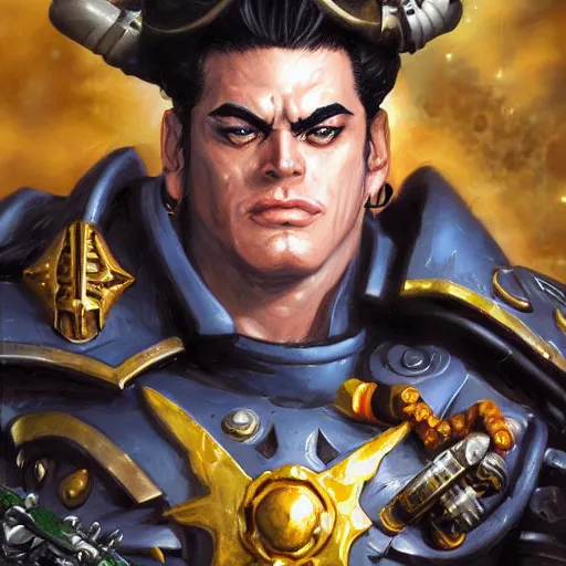 Prompt: Jotaro Kujo as a space marine Primarch, warhammer 40k, closeup character portrait art by Donato Giancola, Craig Mullins, digital art, trending on artstation