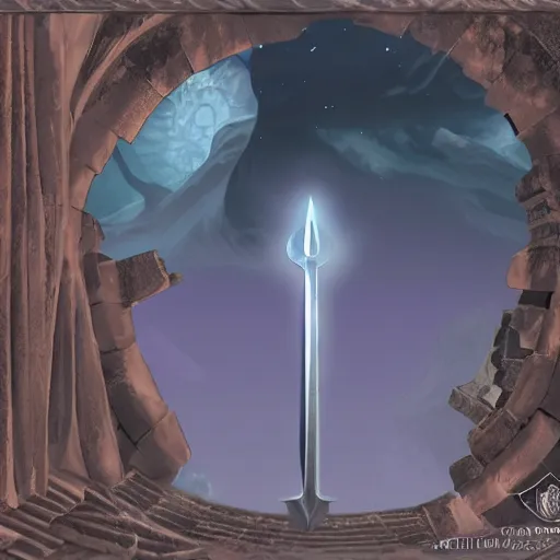 Prompt: a sword surrounded in a magical aura floating on a pedestal in ancient ruin fantasy