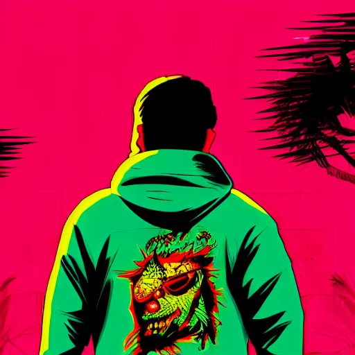 Image similar to hotline miami art of jacket, 4 k, high resolution, still, landscape, hd, dslr, hyper realistic